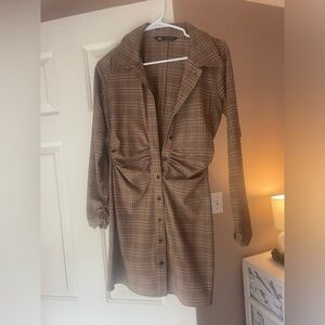 Zara plaid ruched button down dresss